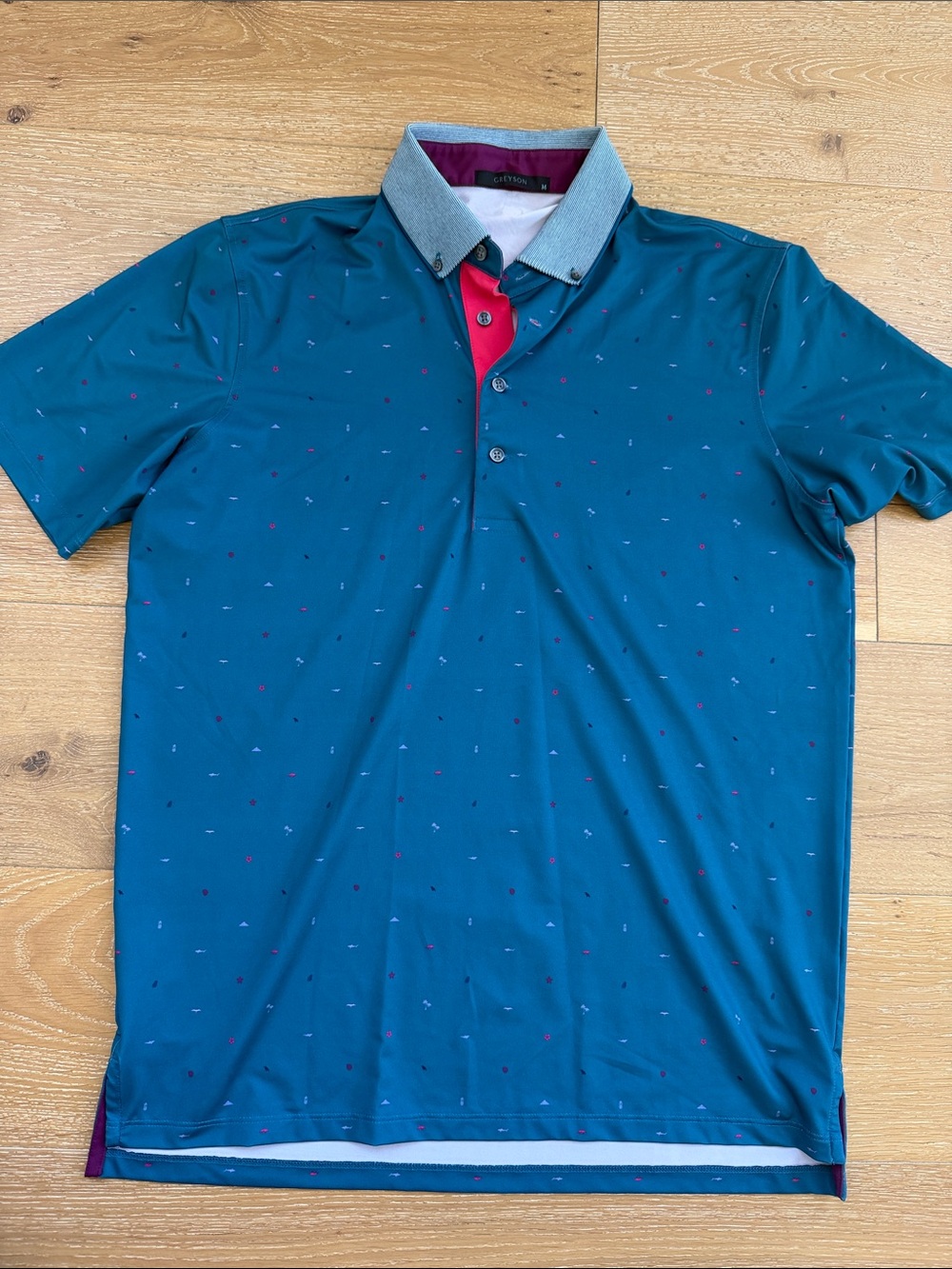 Greyson Teal Polo with Gray Contrast Collar and Red Placket Trim